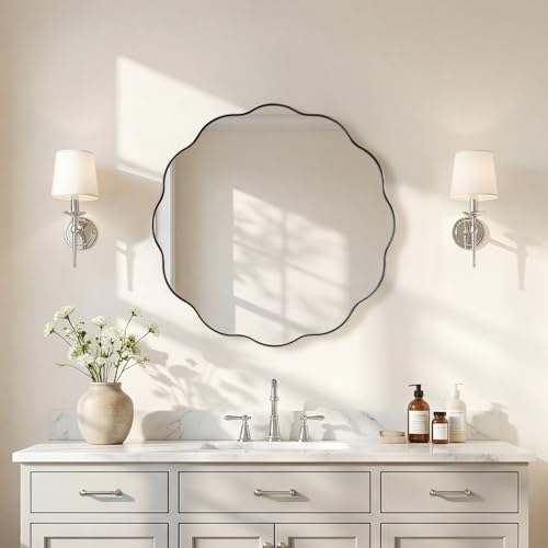 Chrome Round Wall Mirror 24 inch, Polished Metal Frame Circle Bathroom Mirror in SUS304 Stainless Steel Frame, with Unique Modern Circular Wavy Design - color: Chrome, size: 24"L x 24"W
