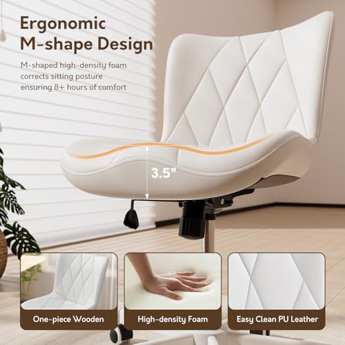Armless Desk Chair, Morden Home Office Chair no Arms, Adjustable Height & Rocking Computer Chair, PU Leather Vanity Chair, Ergonomic Seat Soft Padded Desk Chairs for Home Small Space, White - color: White