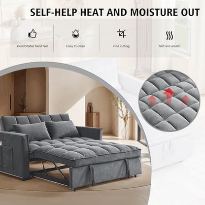 3 In 1 Velvet Convertible Sofa Bed, Pull Out Couch Bed with Reclining Backrest And 2 Pillows, 54" Full Size Loveseat Sleeper Sofa Futon Couch Beds, Couches For Small Spaces, Living Room (Medium Grey) - color: Medium Grey