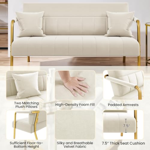 Yaheetech 56.5" Smal Sofa 2 Seater Couch with Gold-Tone Legs, Beige | Small Sofa Loveseat Velve 2 Seater Couch with Tufted Back Gold Metal Frame 2 Pillows for Office, Studio,Living Room - color: Beige, size: 56.5" W