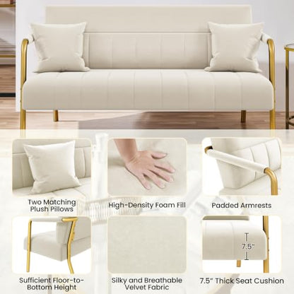 Yaheetech 56.5" Smal Sofa 2 Seater Couch with Gold-Tone Legs, Beige | Small Sofa Loveseat Velve 2 Seater Couch with Tufted Back Gold Metal Frame 2 Pillows for Office, Studio,Living Room - color: Beige, size: 56.5" W