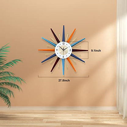 FIELDY Large Wall Clock 27.5 Inch Mid Century Wall Clocks Starburst Clock Non Ticking Battery Operated 3D Wall Clocks Home Décor for Living Room, Kitchen, Dining Room, Bedroom - size: Medium