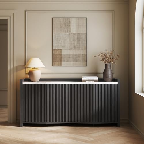 BELLEZE 66 Inch Sideboard Buffet Cabinet, Accent Modern Credenza Storage with Adjustable Shelves, Fluted Black Console Table with Faux Marble Panel for Kitchen, Dining Room, Entryway or Hallway - color: 66 Inch Ebony, size: 1
