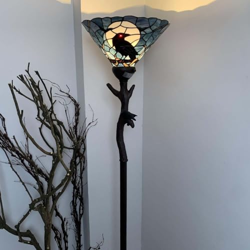 Bieye L10959 Raven Sitting on Bare Tree Branch in Full Moon Night Tiffany Style Stained Glass Torchiere Floor Lamp for Halloween Decor (Dark Blue)