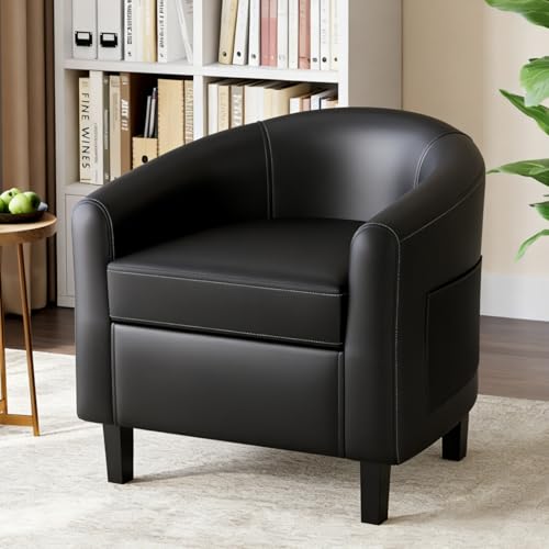 Leather Accent Chair, PU Leather Barrel Chairs, Comfy Round Club Armchair with Soft Cushion for Living Room, Bedroom, Reading, Waiting Room, Black - color: Black