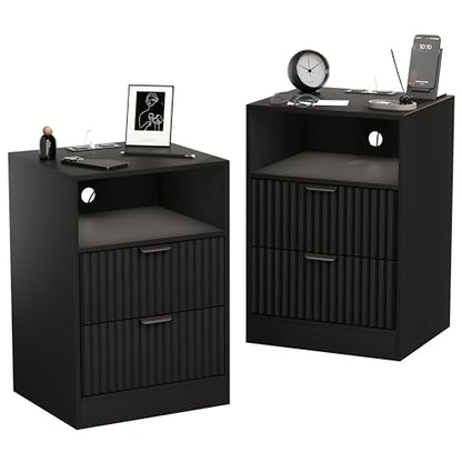 Fluted Nightstand Set of 2, LED Nightstand with Charging Station, Wood Nightstands with 2 Drawers & Metal Handles, Modern Bedside Table & End Tables, Farmhouse Night Stands for Bedroom, Black - color: Black, style: LED 2 Drawers-2 PCS
