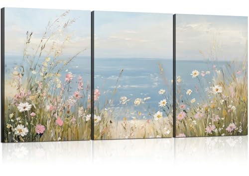 3 Pcs Coastal Wildflower Wall Art Natural Landscape Wall Art Vintage Coastal Landscape Pictures Ocean Floral Wall Decor Floral Prints for Living Room Bedroom 16x24 Inch Ready to Hang - color: Blue, size: 24"L x 16"W