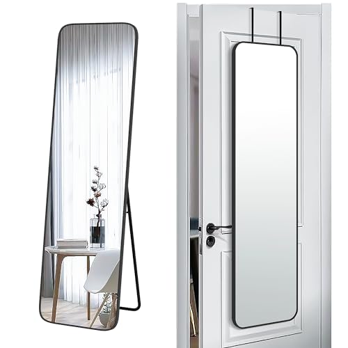 57x16" Full Length Mirror Floor Stand,Over the Door,Wall Mounted Black | HD Crystal Clear Tempered Glass,Aluminum Frame,Full Body Dressing Make-Up Mirrors Rect Hang for Bedroom,Bathroom,Living Room - color: Black, size: 57"L x 16"W