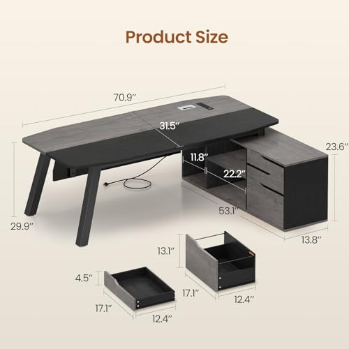 SEDETA 71" L Shaped Executive Desk with File Cabinet & Power Outlet | Computer Desk with 3 Storage Drawers, Adjustable Shelves, CPU Stand, Privacy Baffle, Modern Desk for Home Office, Gray - color: Grey