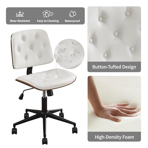 VipDesk Small Home Office Chair - Armless Mid Back Desk Chair with 360° Swivel and Wheels, PU Upholstered Height Adjustable Modern Walnut Computer Chair for Home, Office Meeting Room - White - color: White, size: Button Style