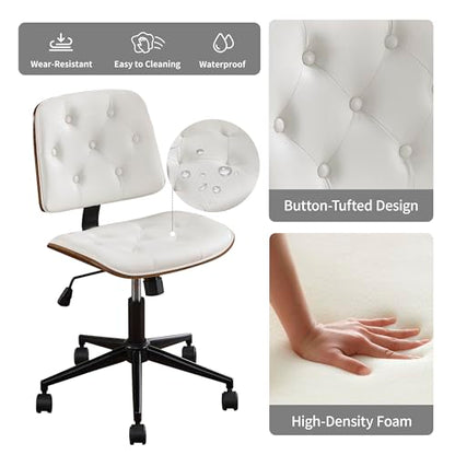 VipDesk Small Home Office Chair - Armless Mid Back Desk Chair with 360° Swivel and Wheels, PU Upholstered Height Adjustable Modern Walnut Computer Chair for Home, Office Meeting Room - White - color: White, size: Button Style