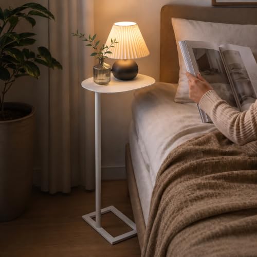 Modern Stable C Table End Table, 27.5" Tall, Large, White | C Shaped Side Table that Slides Under Sofa, Slim Under Couch Table, Industrial Coffee Tray Table for Living Room Bedroom - color: White, size: Large