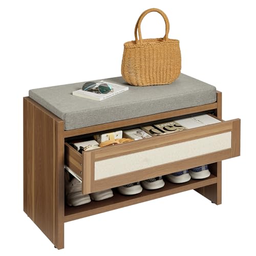 Rattan Drawer Shoe Bench with Soft Cushioned Seat for Hallway | Entryway Storage Shoe Stool - color: Caramel Oak