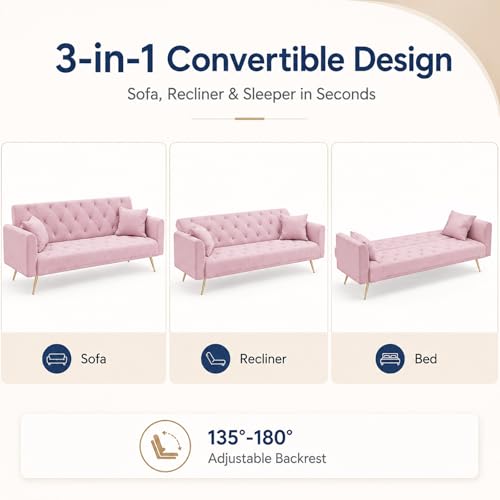 Majnesvon 71" Pink Futon Sofa Bed Couch: Velvet Fabric Memory Foam 2 Pillows Gold Metal Feet Adjustable Tufted Backrest, Convertible Folding Sleeper Loveseat for Living Room Bedroom Apartment (Pink) - color: Pink