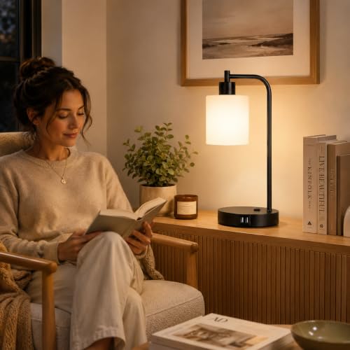 Set of 2 Industrial Touch Control Table Lamps with 2 USB Ports and AC Outlet - 3-Way Dimmable Black Bedside Lamp Nightstand Desk Lamps for Bedroom Living Room, Opal Glass Shade & 2 LED Bulbs Included - color: Black(2 pack)-Opal Glass-Touch Control