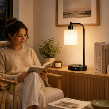 Set of 2 Industrial Touch Control Table Lamps with 2 USB Ports and AC Outlet - 3-Way Dimmable Black Bedside Lamp Nightstand Desk Lamps for Bedroom Living Room, Opal Glass Shade & 2 LED Bulbs Included - color: Black(2 pack)-Opal Glass-Touch Control