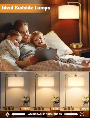 Innqoo Gold Table Lamp with USB Port and Outlet, Dimmable Nightstand Bedside Lamps with Linen Lampshade, Desk Lamp for Bedroom, Living Room, Guest Room, Home Office, LED Bulb Included - color: D-White Shade& Gold Base