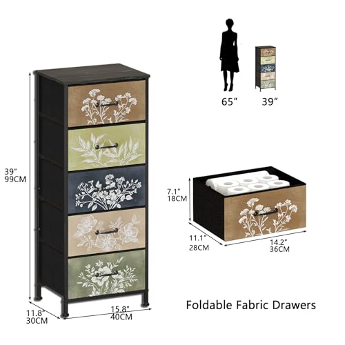 Vintage Dresser Vertical Nightstand with Neutral Botanical Plant Fabric Chest Drawers for Closet Bathroom Storage Tower Unit Bed Side Organizer Farmhouse Rustic (Multi, 5 Drawers) - size: 11.8"D x 15.8"W x 38.5"H (5 Drawers)