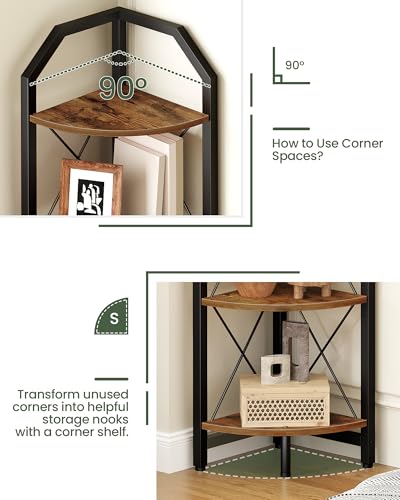 59.4" Corner Shelf, 5-Tier Industrial Corner Bookshelf, Corner Storage Stand, Plant Stand Display Shelf, Bookcase for Bedroom, Living Room, Home Office, Rustic Brown and Black TCJ10BF - color: Rustic Brown and Black, size: 5-Tier