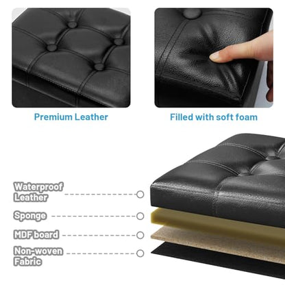 Bsketa Storage Ottoman Bench, 16" Folding Leather Foot Rest, Black 2 Pack | Small Ottoman with Side Pockets, Thicker Foam Padded Seat, Livingroom, Dorm, Bedroom, Easy to install, 38L, 16x12x12in - color: Black-with Side Pockets..