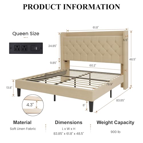 SHA CERLIN Queen Size Platform Bed Frame with Charging Station, Linen Wingback Headboard with Storage Shelf, Wooden Slats Support, Ample Under-Bed Space, No Box Spring Needed, Easy Assembly, Beige - color: Beige, size: Queen