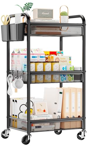 3 Tier Metal Rolling Cart, Black Utility Storage Cart with Wheels | Metal Mesh Craft Cart With Hooks & Hanging Cups, Ideal For Kitchen, Bathroom, Office, Dorm, Art Workspace, Bedside Storage - color: Black