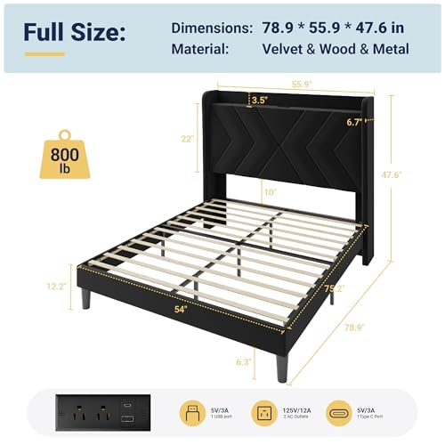 Allewie Full Size Platform Bed Frame with Charging Station and Storage Shelf/Upholstered Velvet Wingback Headboard/Wooden Slats Support/No Box Spring Needed/Easy Assembly, Black - color: Black, size: Full