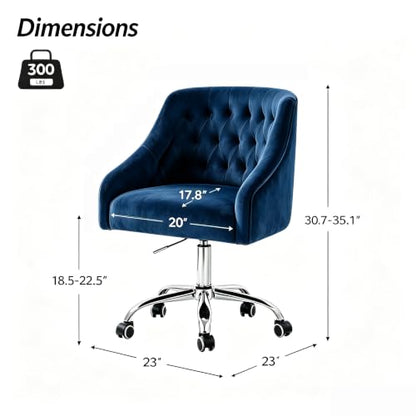 MOJAY Velvet Office Chair, Vanity Desk Chair with Wheels, Silver Base | Height Adjustable, 360° Swivel, Velvet Upholstery, Suitable for Girls, Home Office, Bedroom & Living Room - color: Blue