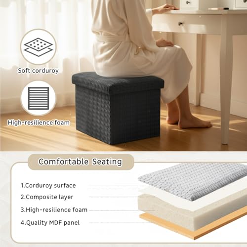 Thyle Storage Ottoman with Lid, Foldable Foot Rest Stool with Hidden Storage, Corduroy Ottoman for Living Room Bedroom Dorm Under Desk, 16x12x12 Inch(Grey)