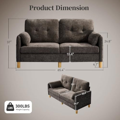 Mid Century Modern Couch, 65" Loveseat Sofa, Brown | Storage Pockets, Upholstered Small Loveseat for Small Spaces, Bedroom, Home Office, Apartments - color: Brown