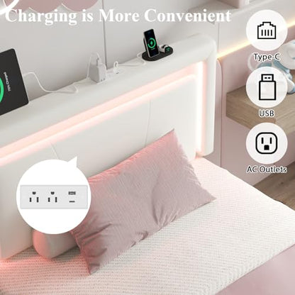 Twin Size Bed Frame with 4 Storage Drawers, Upholstered Headboard, White | Modern Bed, Charging Station, LED Light, Adjustable Height Headboard, Noise-Free, No Box Spring Needed, Easy Assembly - color: White, size: Twin