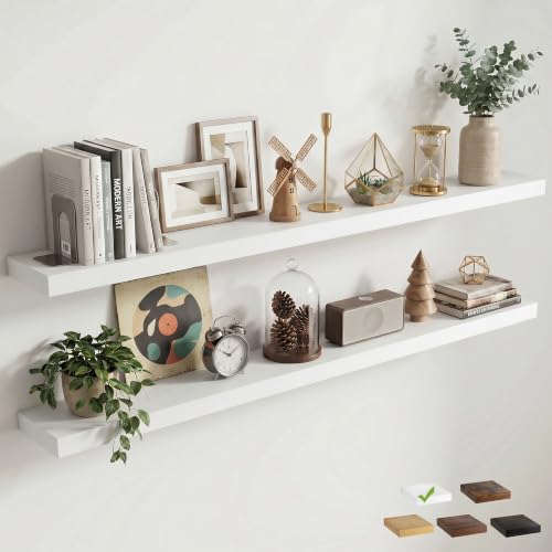8 inch Deep Floating Shelves for Wall, 72" Wide, White Finish, 2-Pack | Engineered Wood Wall Shelves with Invisible Brackets for Living Room, Bedroom, Bathroom, Office & Kitchen Storage - color: White Finish, size: 72"W x 8"D, 2p