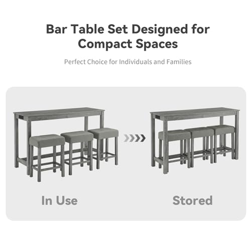 59" Industrial 4 Piece Bar Table Set with Built-in Power Outlet, Behind Couch Sofa Table with 3 Linen Upholstered Stools, Bar Table and Chairs Set for Living Room, Dining Room, Lounge, Gray - color: R2-gray