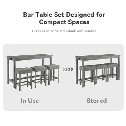 59" Industrial 4 Piece Bar Table Set with Built-in Power Outlet, Behind Couch Sofa Table with 3 Linen Upholstered Stools, Bar Table and Chairs Set for Living Room, Dining Room, Lounge, Gray - color: R2-gray