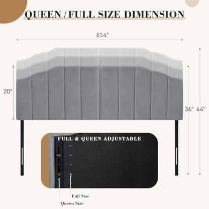 Upholstered Headboard Adjustable Height Queen/King Headboard Cream Velvet Tufted Modern Vertical Channel Design with Stepped Silhouette Top Edge(Grey Queen) - color: Gray, size: Queen