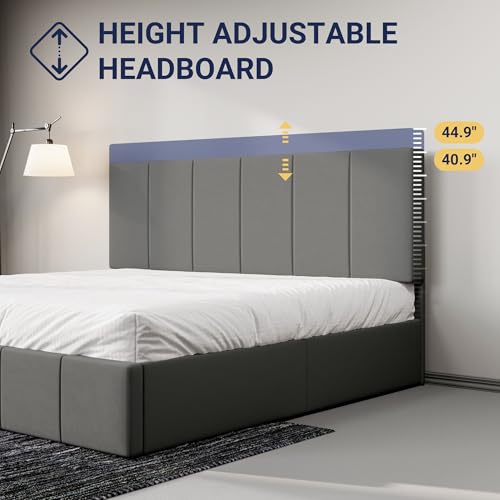 Allewie King Size Dutch Velvet Upholstered Platform Bed Frame/Vertical Channel Tufted Adjustable Headboard/Low Profile Bed Frame/No Box Spring Needed/Easy Assembly/Grey - color: Grey, size: King