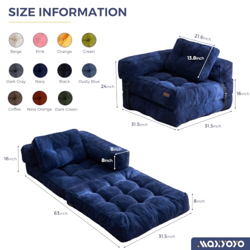 MAXYOYO Folding Sofa Bed, Convertible Chair Bed with Pillow | L-Shaped Floor Sofa with Armrest and Pillow, Foldable Portable Fold Out Comfy Chair Bed for Living Room Bedroom, Navy - color: Navy
