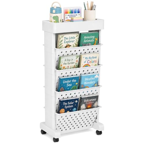 5-Tier Rolling Bookshelf Cart with Wheels, White | Slim Mobile Book Cart, Plastic Magazine Rack Rolling File Paper Organizer for Home Office Study Classroom Living Room - color: White, size: 5-Tier 26"H