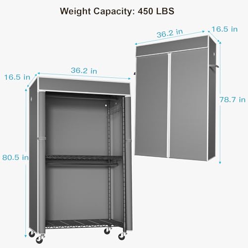 Black Clothing Rack with Dark Gray Cover, P1C Rolling Closets | Metal Garment Rack for Hanging Clothes, Clothing Storage Wardrobe, with Wheels - color: Black Rack With Dark Gray Cover