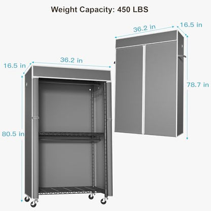 Black Clothing Rack with Dark Gray Cover, P1C Rolling Closets | Metal Garment Rack for Hanging Clothes, Clothing Storage Wardrobe, with Wheels - color: Black Rack With Dark Gray Cover