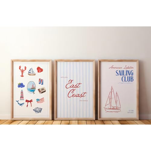 Baccone Coastal Wall Art Preppy Aesthetic Wall Decor Trendy East Coast Wall Art Watercolor Sailboat Prints Vintage Beach Pictures Coastal Poster for Living Room Bedroom 12x16 Inch Unframed Set of 3 - color: East Coast Prints, size: 12x16 Inch Unframed
