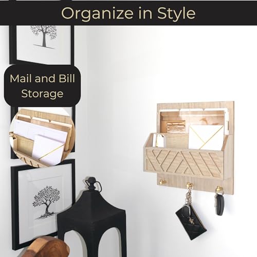 BLU MONACO Wall-Mounted Mail and Key Holder – Natural Wood 2-Tier Letter Organizer with 3 Hooks | Entryway Command Center for Mail, Keys, and Documents - color: Natural Wood