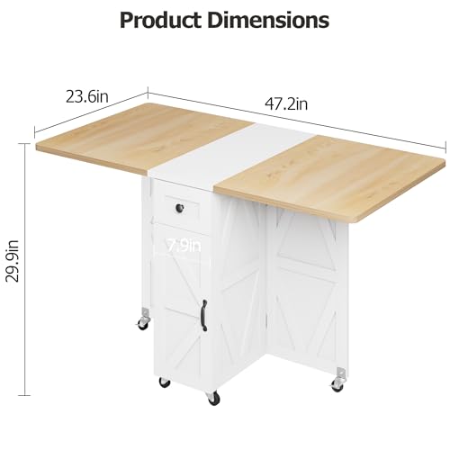 Jocoevol Folding Dining Table, Dining Table Set for 4, Foldable Kitchen Table Farmhouse Dinner Table, Space Saving Drop Leaf Tables for Small Spaces, Extendable Dining Room Table (Pear Wood White)