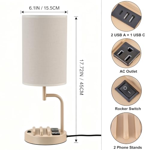 Dreamholder 2 Pack Table Lamp, Bedside Lamp with 3 USB Charging Ports & AC Outlet, USB Desk Lamp with 2 Phone Holders, Linen Fabric Shade Nightstand Lamps for Bedroom Living Room Office, Beige - color: Beige