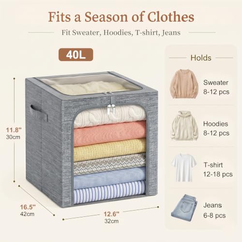 GoMaihe Clothes Storage Bins with Metal Frame for Closet, 40L 6-Pack Grey | Sweaters Hoodies Jeans T-Shirt, Closet Top Shelf Organizer, Steel Frame Collapse-Proof, Stackable, Clear Window, Dual Access - color: Gray, size: 40L