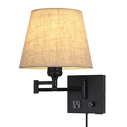 Bedside Wall Mount Light with Dimmable Switch and Outlet, Swing Arm Fabric Shade Wall Sconce Light with USB Port and Plug in Cord, Black Wall Lamp for Bedroom, Living Room and Hotel - color: Black