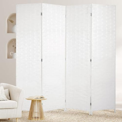BLKMTY Room Divider, 6ft Folding Privacy Screens, Wall Divider Portable Room Seperating Freestanding Wood Screen, 4 Panels Hand-Woven Design Screen Double Hinged Dividers for Bedroom, White - color: White