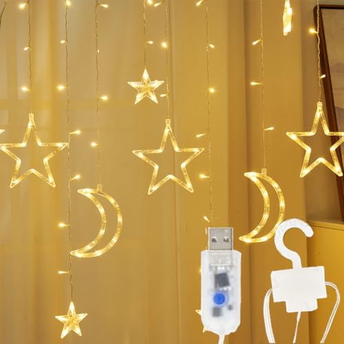 12pcs Moon Star 138 LEDs Curtain Light, with Remote Control 8 Light Mode Timing USB Powered,Fairy Lights Curtain Perfect for Ramadan Eid Festive Decorations (Warm White) - color: Warm White
