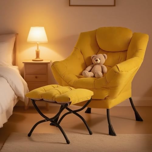Lazy Chair with Ottoman, Comfy Reading Accent Chair, Velvet Yellow | Foldable Footrest, Padded Seat and Backrest, Side Pocket for Lounging in Living Rooms, Bedrooms, Dorms and Small Spaces - color: Yellow