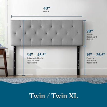 Lucid Mid-Rise Upholstered Headboard - Diamond Tufted - Padded Polyester - Adjustable Height from 34” to 46” - Easy Assembly - Bed Frame or Wall Mount - Sturdy - Stone - Twin / Twin XL Size - color: Stone, size: Twin/Twin XL
